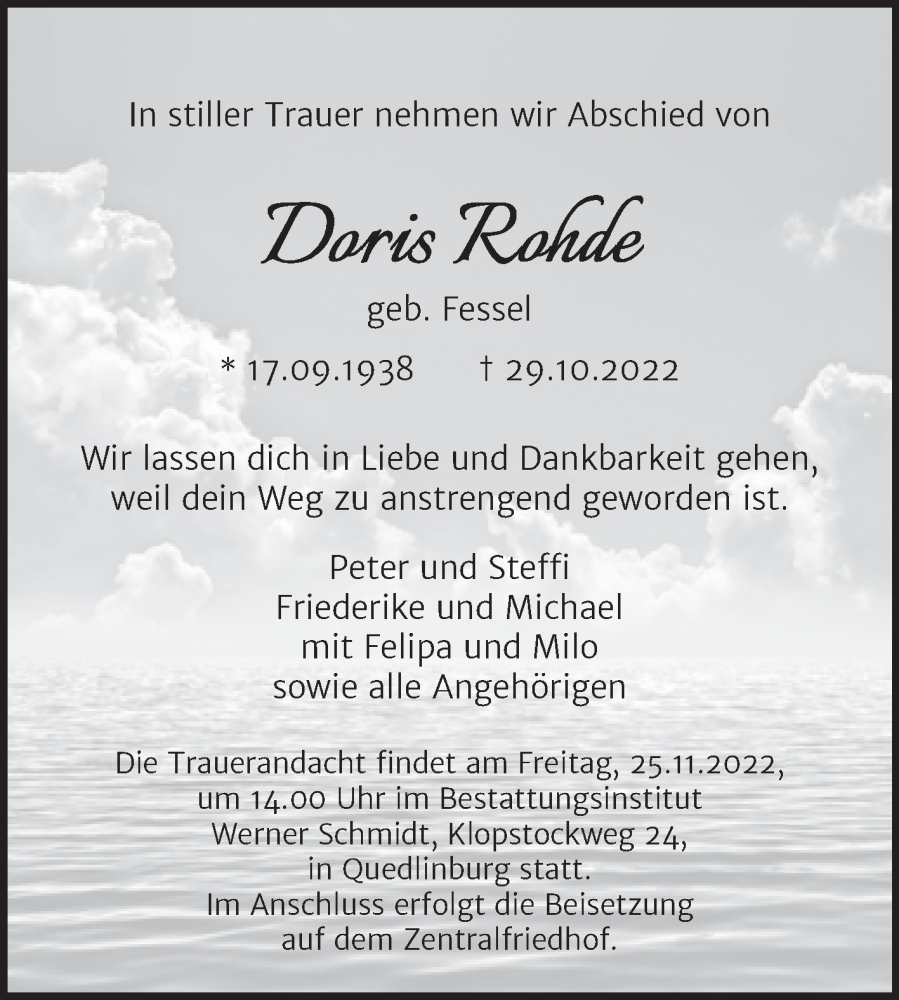 Traueranzeigen Von Doris Rohde Abschied Nehmen De