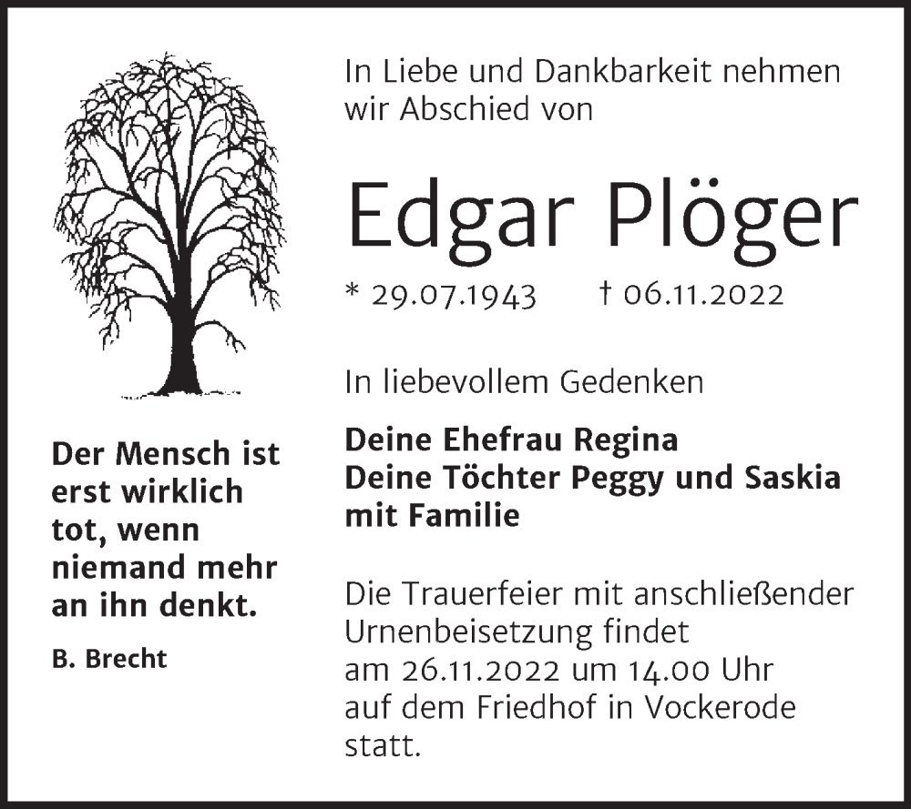 Traueranzeigen Von Edgar Pl Ger Abschied Nehmen De