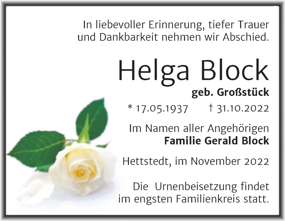 Traueranzeigen Von Helga Block Abschied Nehmen De