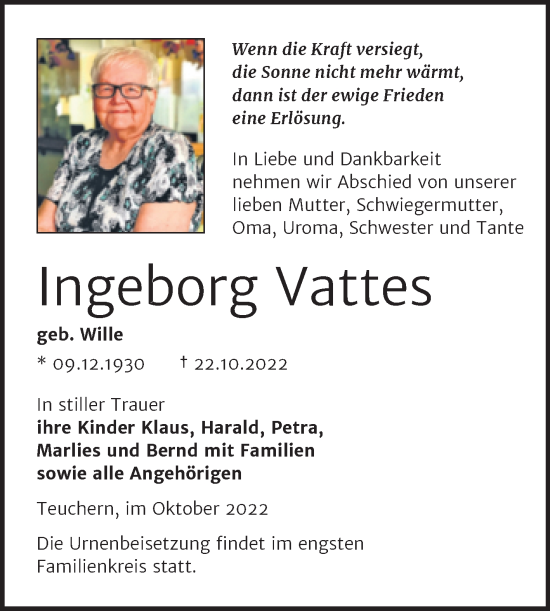 Traueranzeigen Von Ingeborg Vattes Abschied Nehmen De