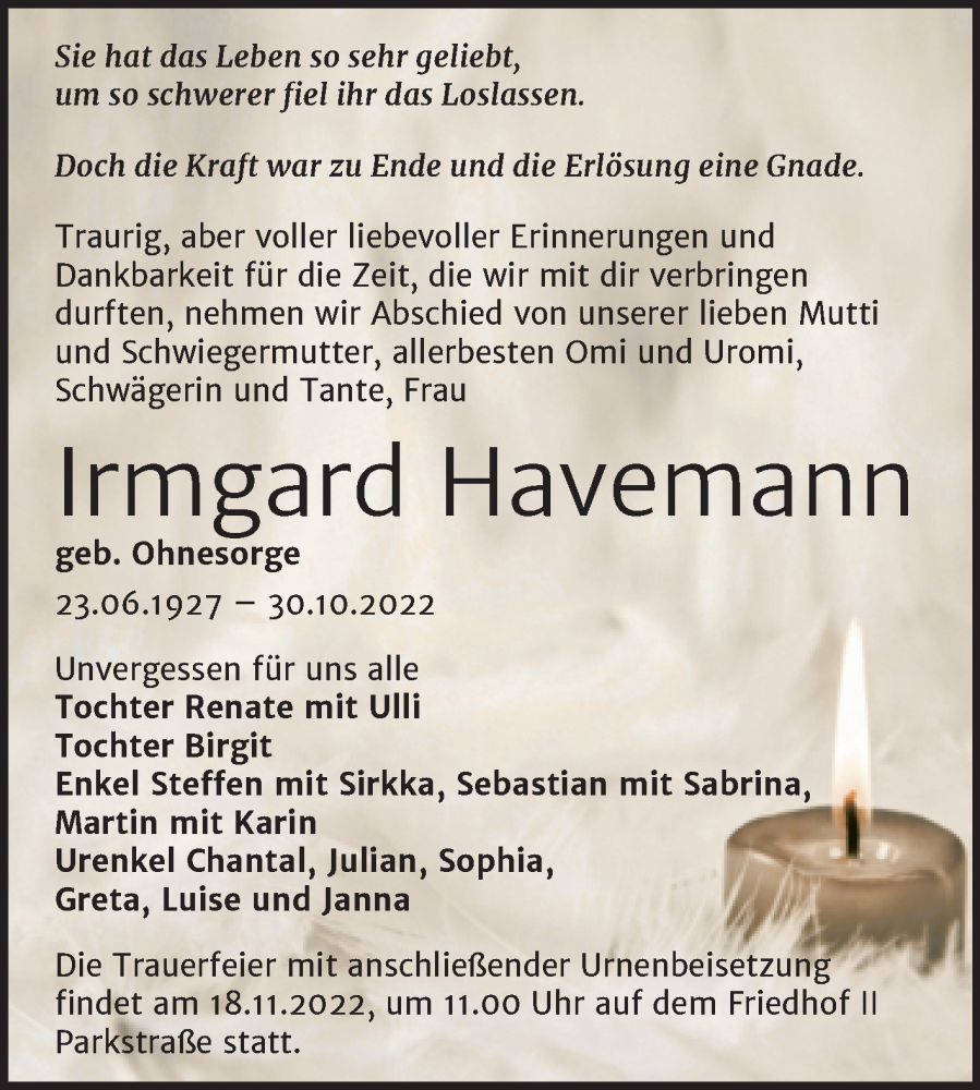 Traueranzeigen Von Irmgard Havemann Abschied Nehmen De