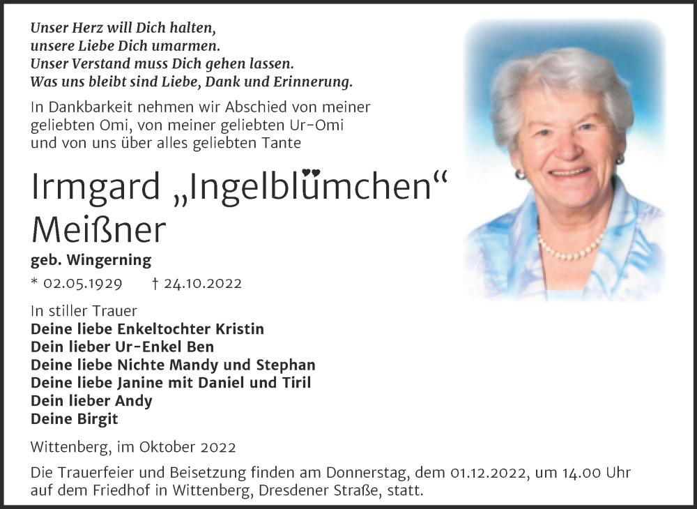 Traueranzeigen Von Irmgard Mei Ner Abschied Nehmen De