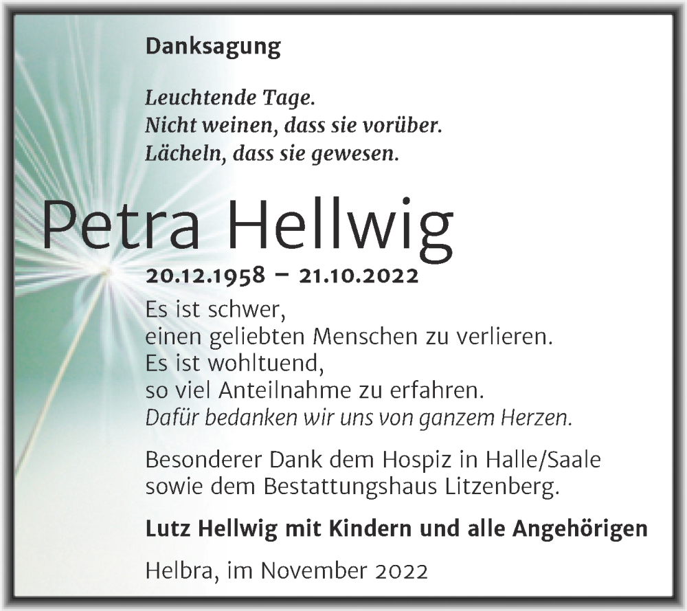 Traueranzeigen Von Petra Hellwig Abschied Nehmen De