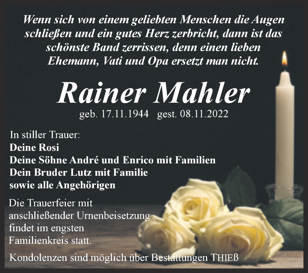 Traueranzeigen Von Rainer Mahler Abschied Nehmen De