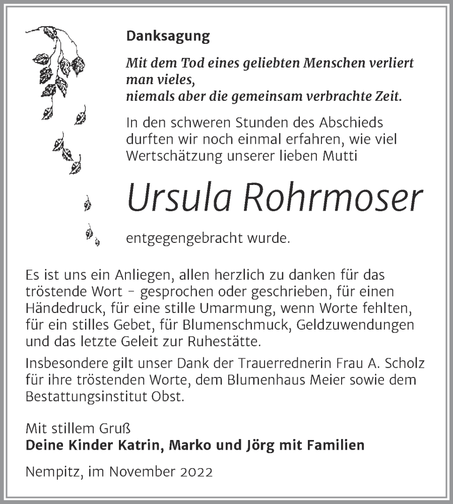 Traueranzeigen Von Ursula Rohrmoser Abschied Nehmen De