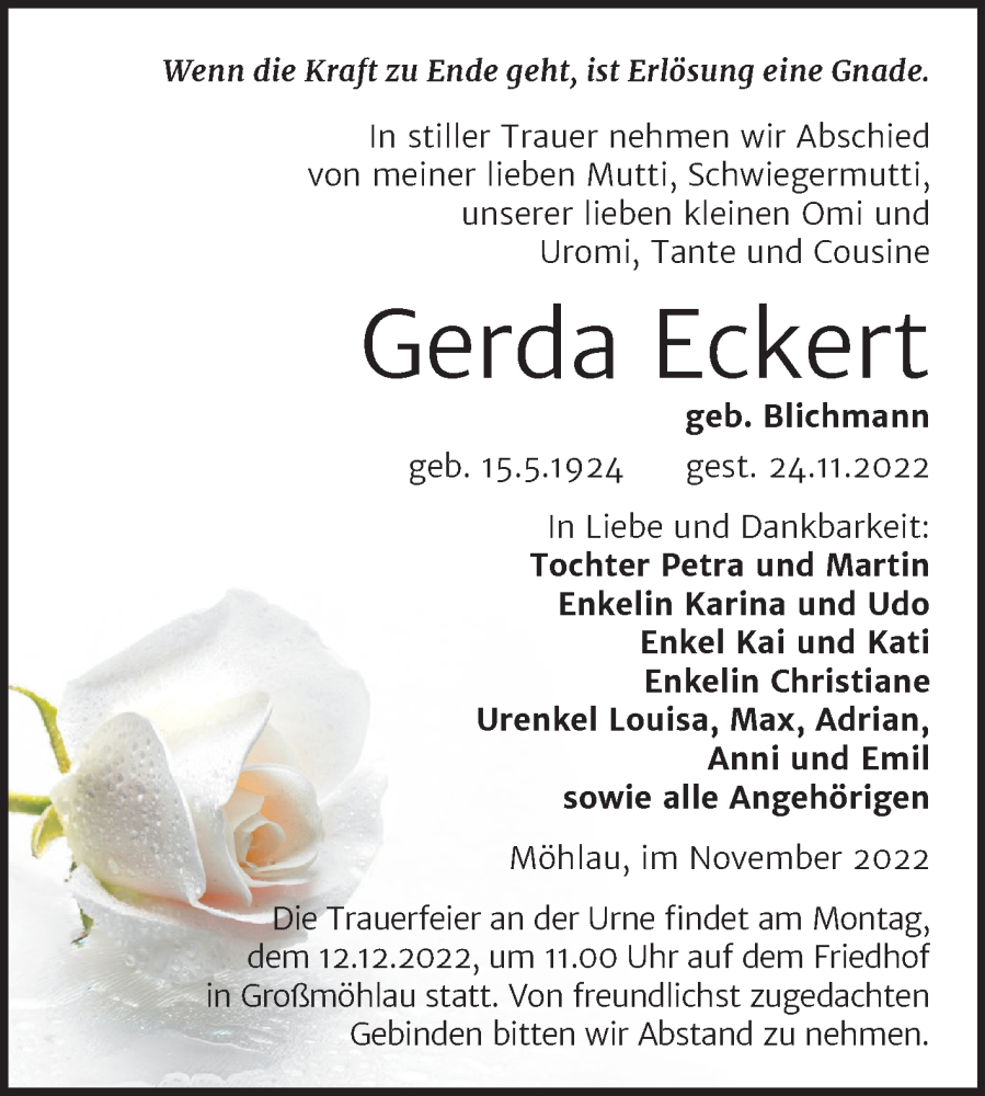 Traueranzeigen Von Gerda Eckert Abschied Nehmen De