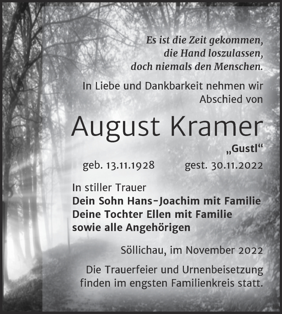 Traueranzeigen Von August Kramer Abschied Nehmen De