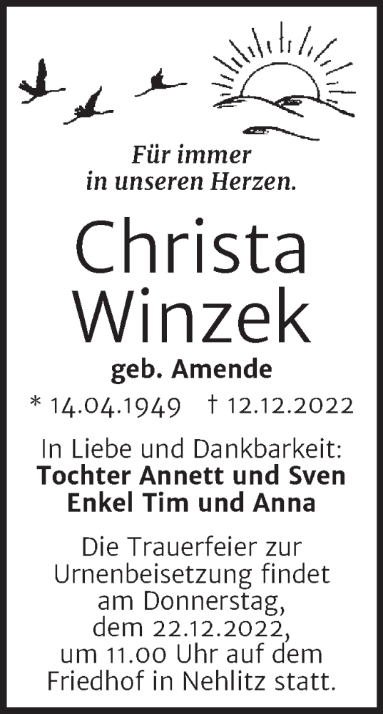 Traueranzeigen Von Christa Winzek Abschied Nehmen De