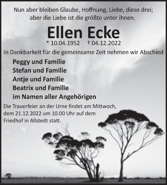 Traueranzeigen Von Ellen Ecke Abschied Nehmen De