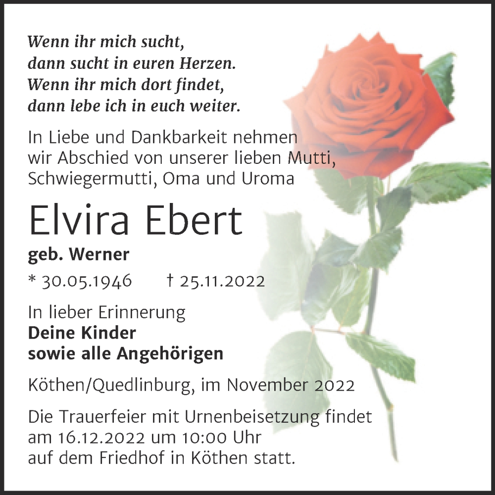 Traueranzeigen Von Elvira Ebert Abschied Nehmen De