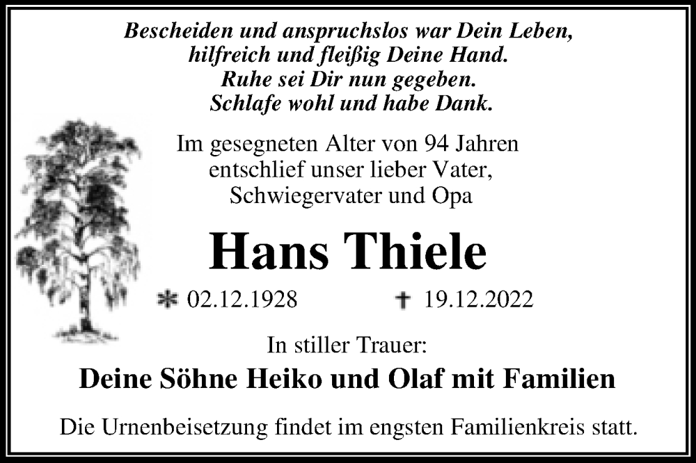 Traueranzeigen Von Hans Thiele Abschied Nehmen De