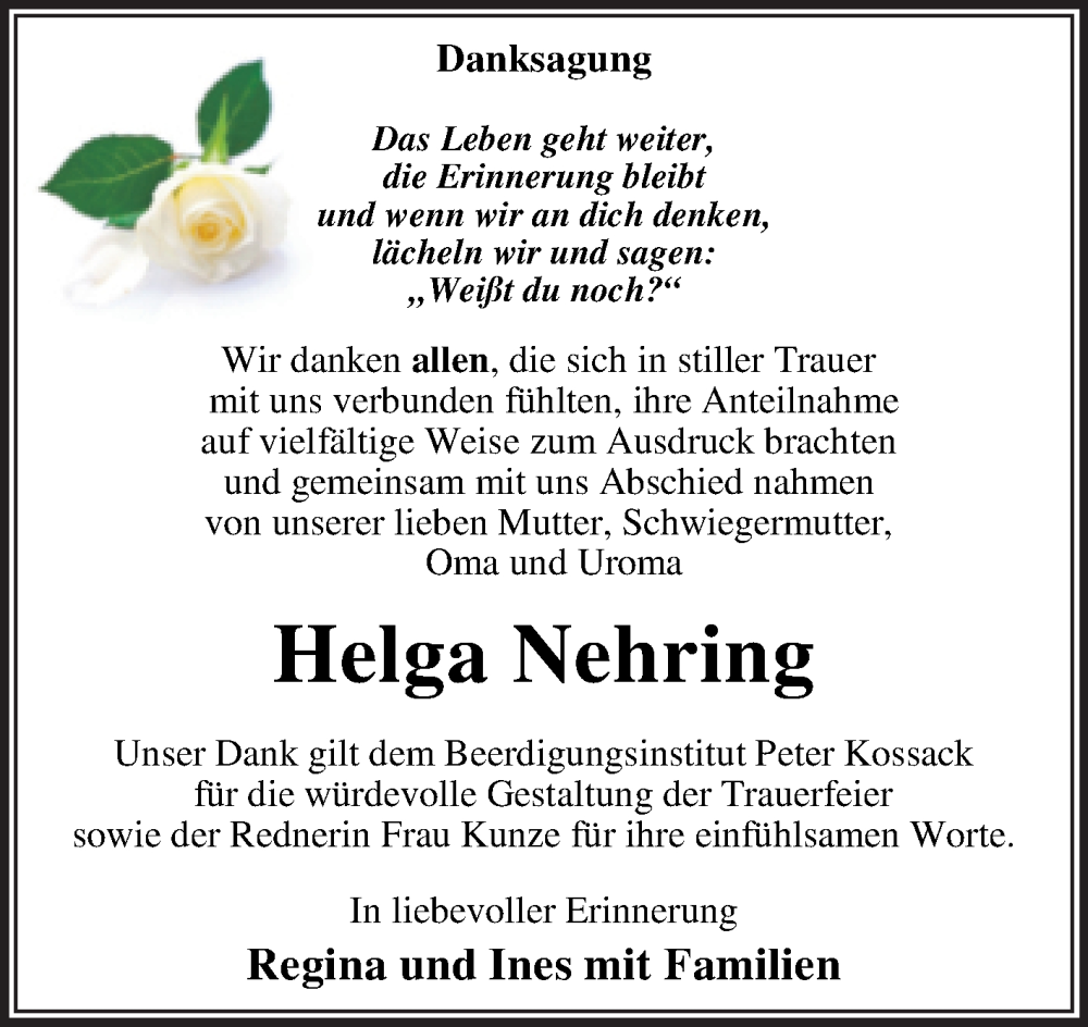 Traueranzeigen Von Helga Nehring Abschied Nehmen De