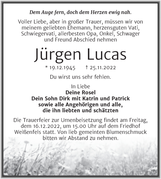 Traueranzeigen Von J Rgen Lucas Abschied Nehmen De