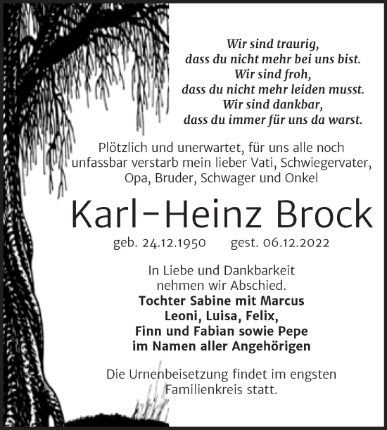 Traueranzeigen Von Karl Heinz Brock Abschied Nehmen De