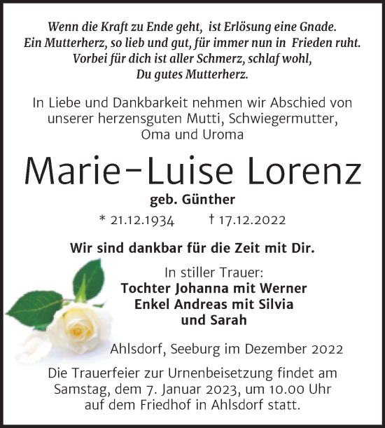 Traueranzeigen Von Marie Luise Lorenz Abschied Nehmen De