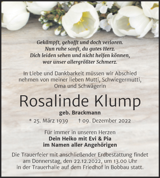 Traueranzeigen Von Rosalinde Klump Abschied Nehmen De