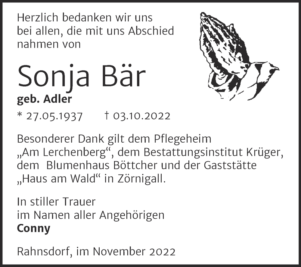 Traueranzeigen Von Sonja B R Abschied Nehmen De