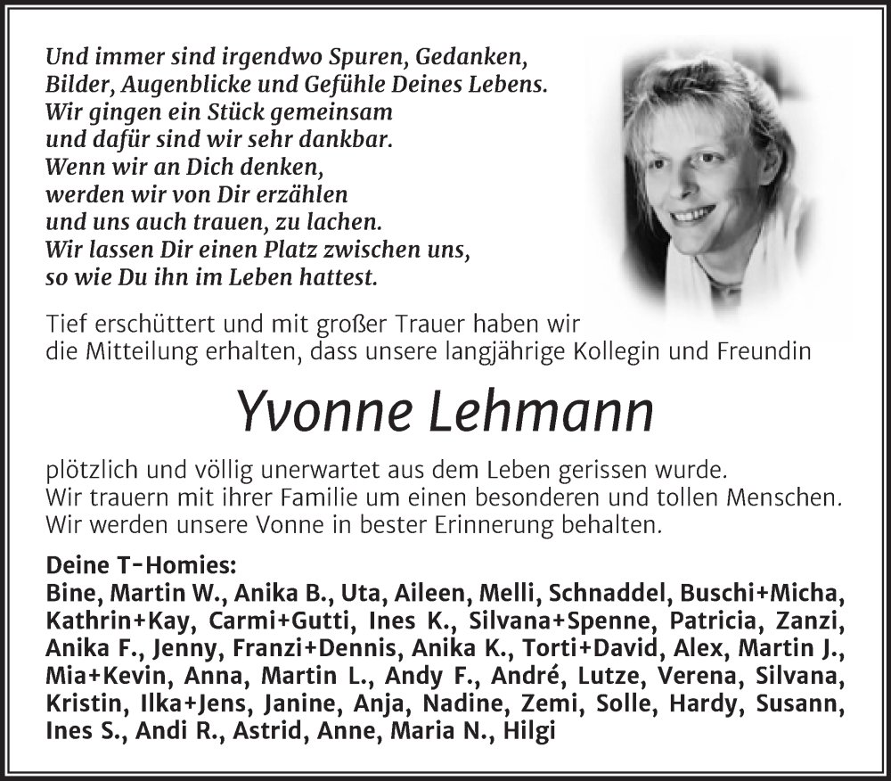 Traueranzeigen Von Yvonne Lehmann Abschied Nehmen De