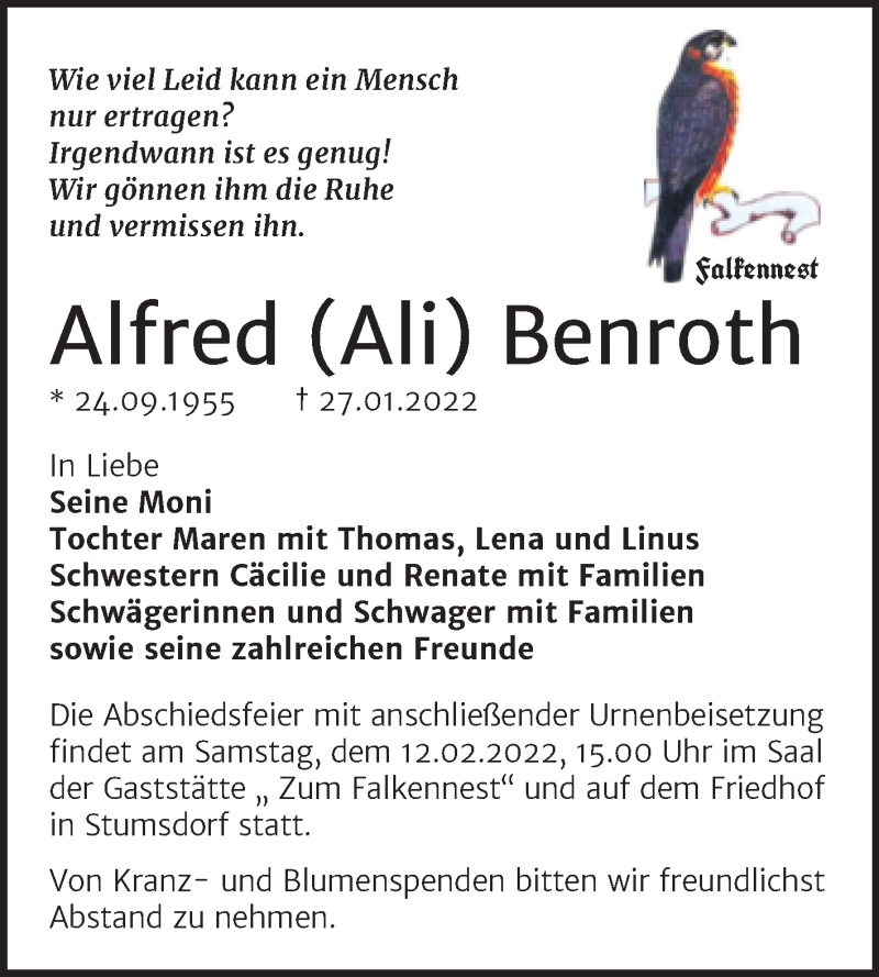 Traueranzeigen Von Alfred Benroth Abschied Nehmen De