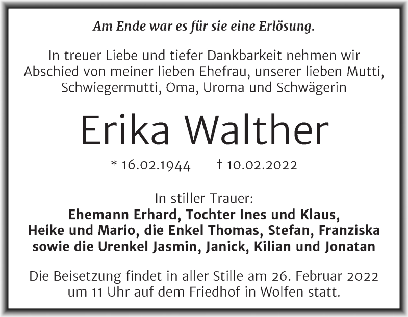 Traueranzeigen Von Erika Walther Abschied Nehmen De