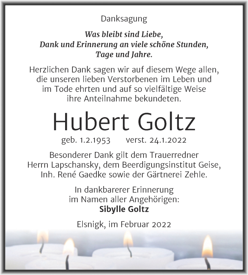 Traueranzeigen Von Hubert Goltz Abschied Nehmen De