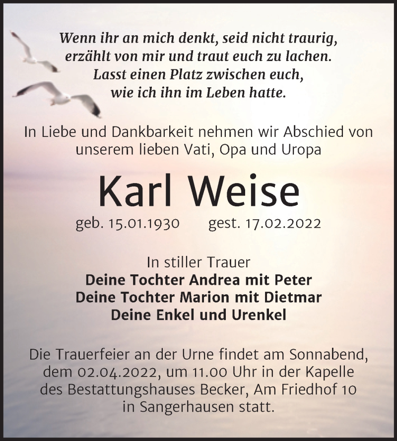 Traueranzeigen Von Karl Weise Abschied Nehmen De