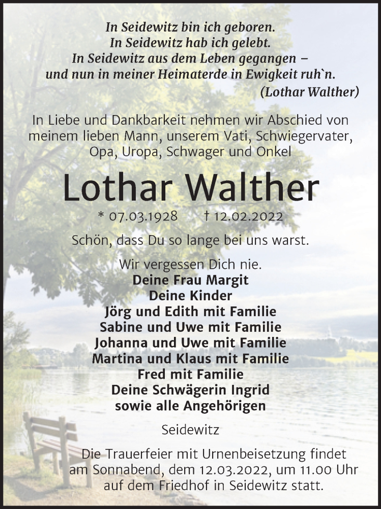 Traueranzeigen Von Lothar Walther Abschied Nehmen De