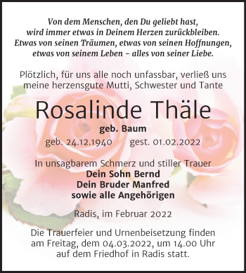 Traueranzeigen Von Rosalinde Th Le Abschied Nehmen De