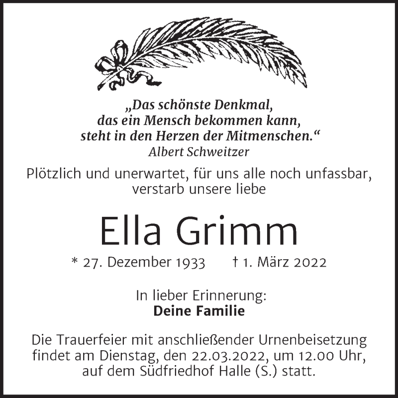 Traueranzeigen Von Ella Grimm Abschied Nehmen De