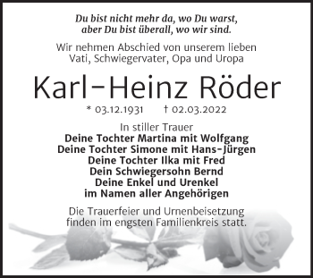 Traueranzeigen Von Karl Heinz R Der Abschied Nehmen De