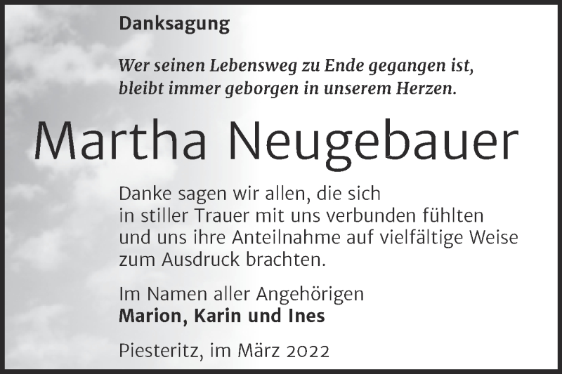 Traueranzeigen Von Martha Neugebauer Abschied Nehmen De