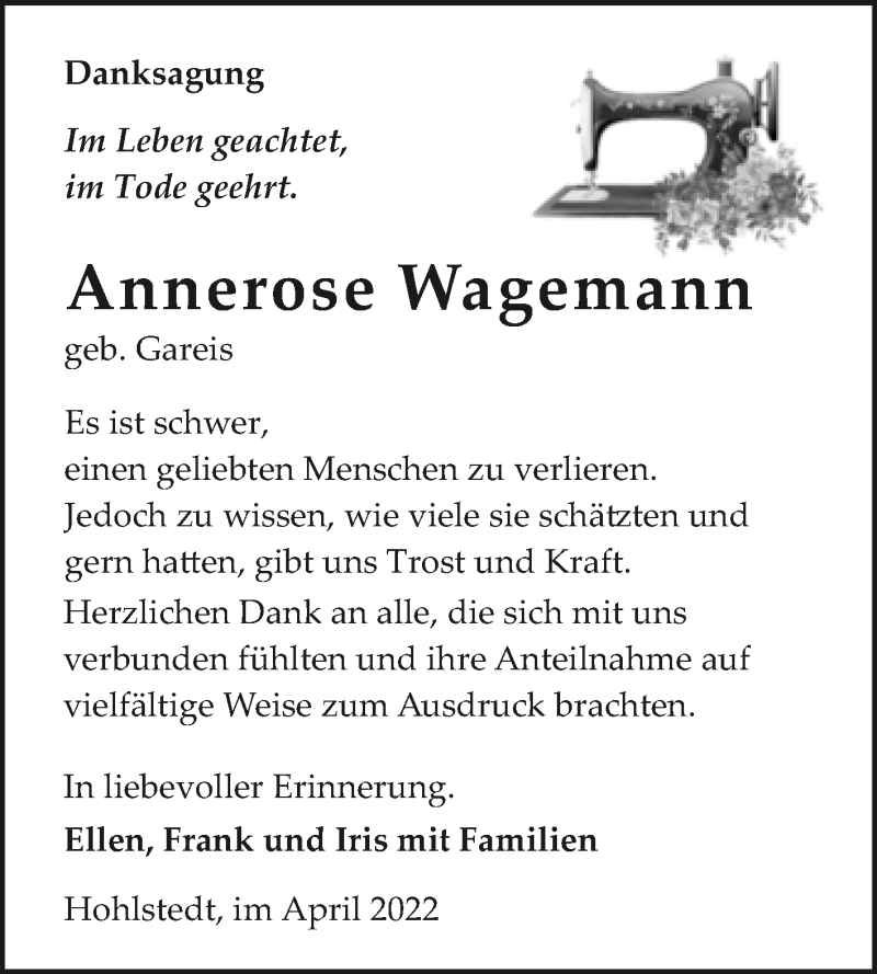 Traueranzeigen Von Annerose Wagemann Abschied Nehmen De