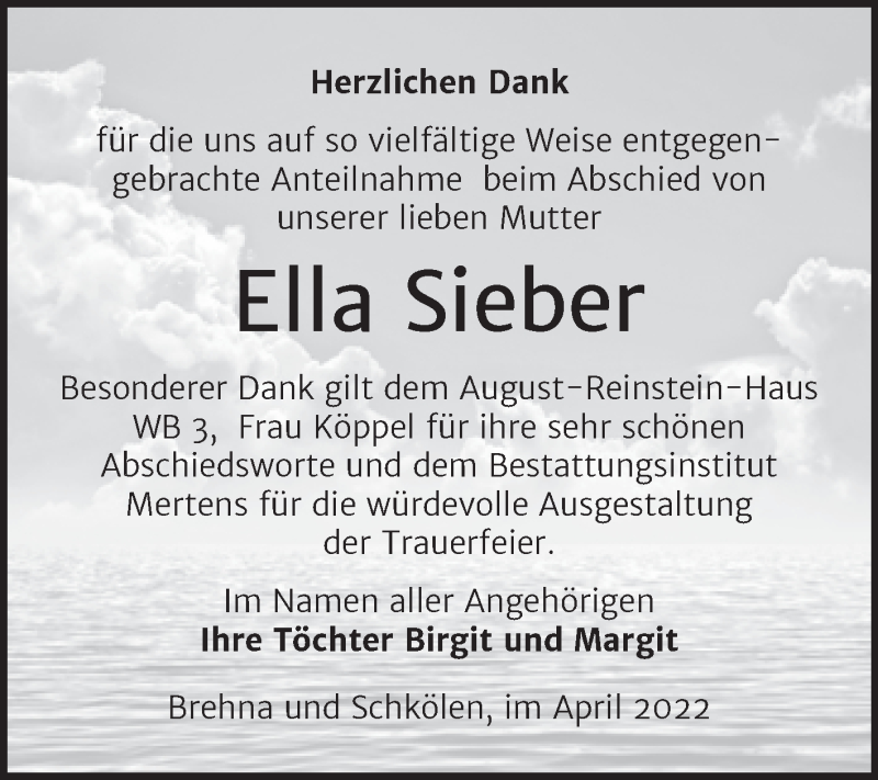 Traueranzeigen Von Ella Sieber Abschied Nehmen De