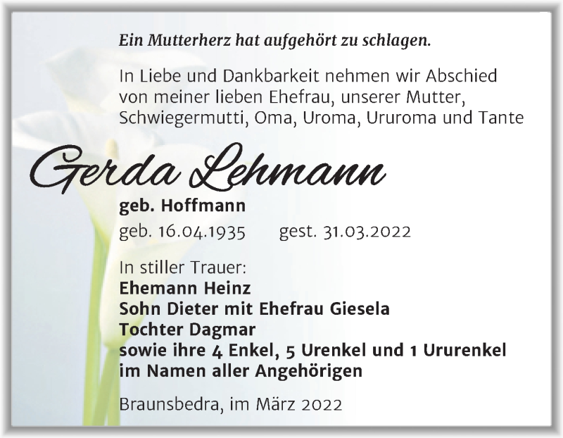 Traueranzeigen Von Gerda Lehmann Abschied Nehmen De