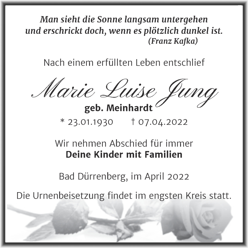 Traueranzeigen Von Marie Luise Jung Abschied Nehmen De