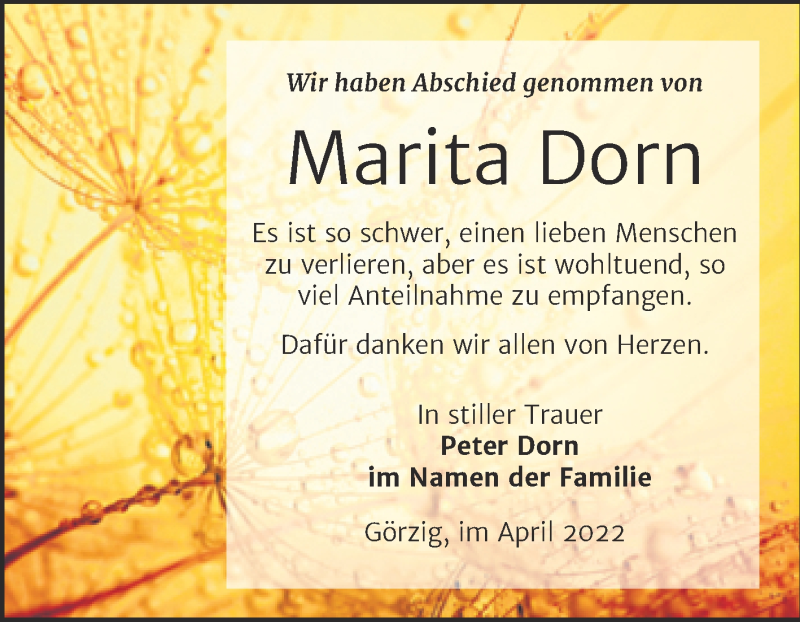 Traueranzeigen Von Marita Dorn Abschied Nehmen De