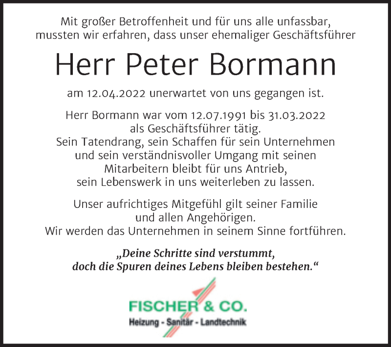 Traueranzeigen Von Peter Bormann Abschied Nehmen De