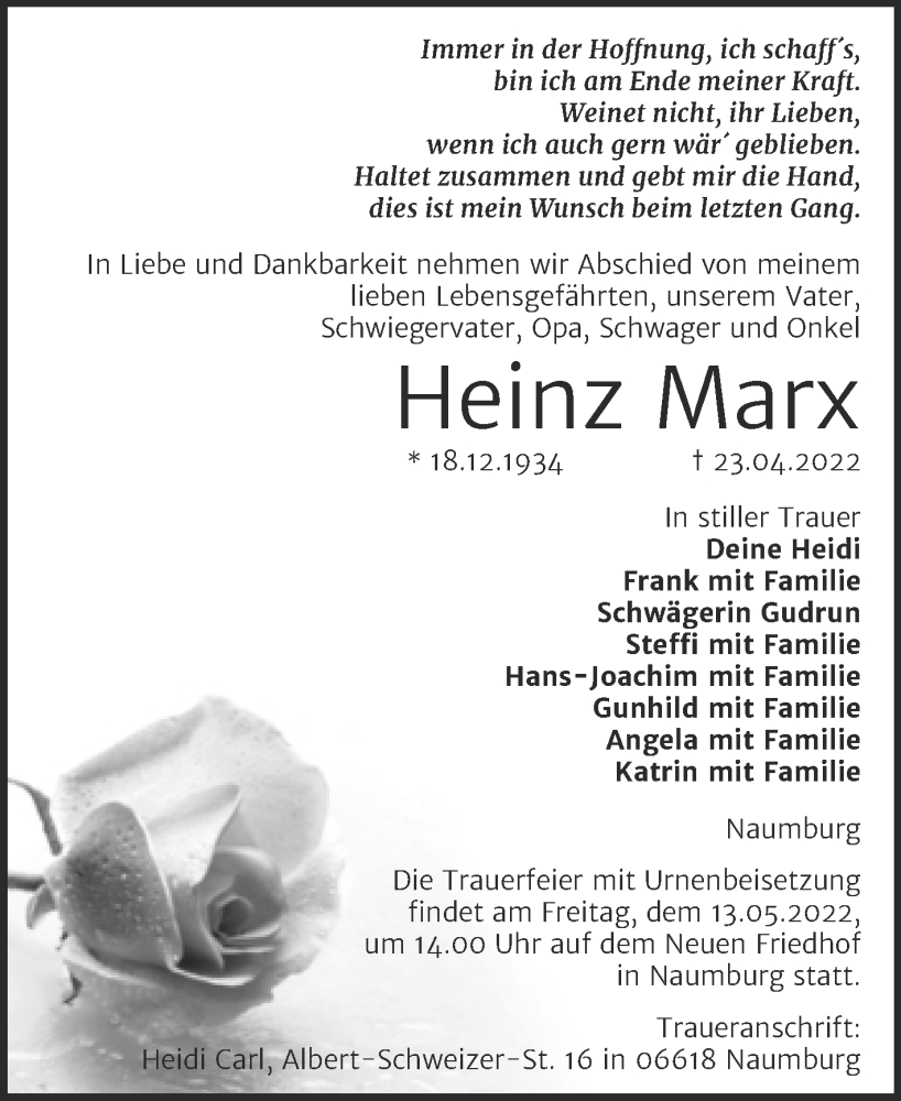 Traueranzeigen Von Heinz Marx Abschied Nehmen De