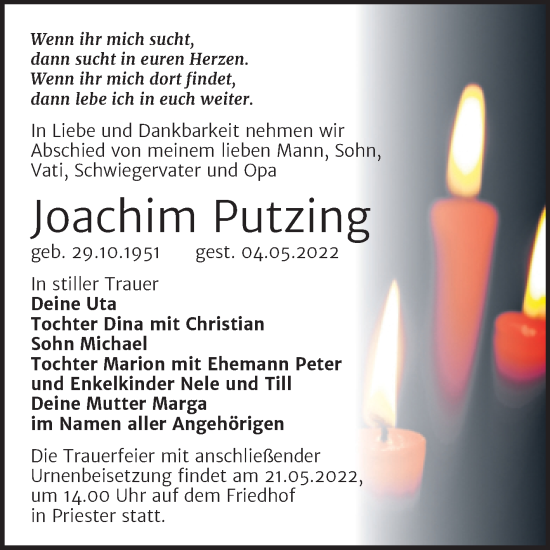 Traueranzeigen Von Joachim Putzing Abschied Nehmen De