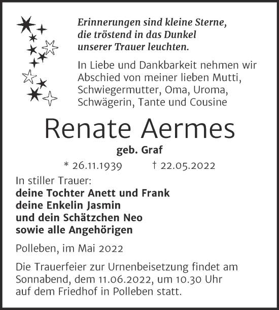 Traueranzeigen Von Renate Aermes Abschied Nehmen De