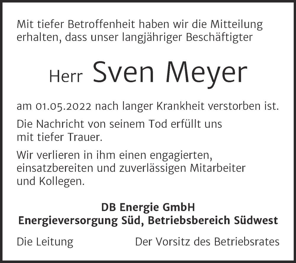 Traueranzeigen Von Sven Meyer Abschied Nehmen De