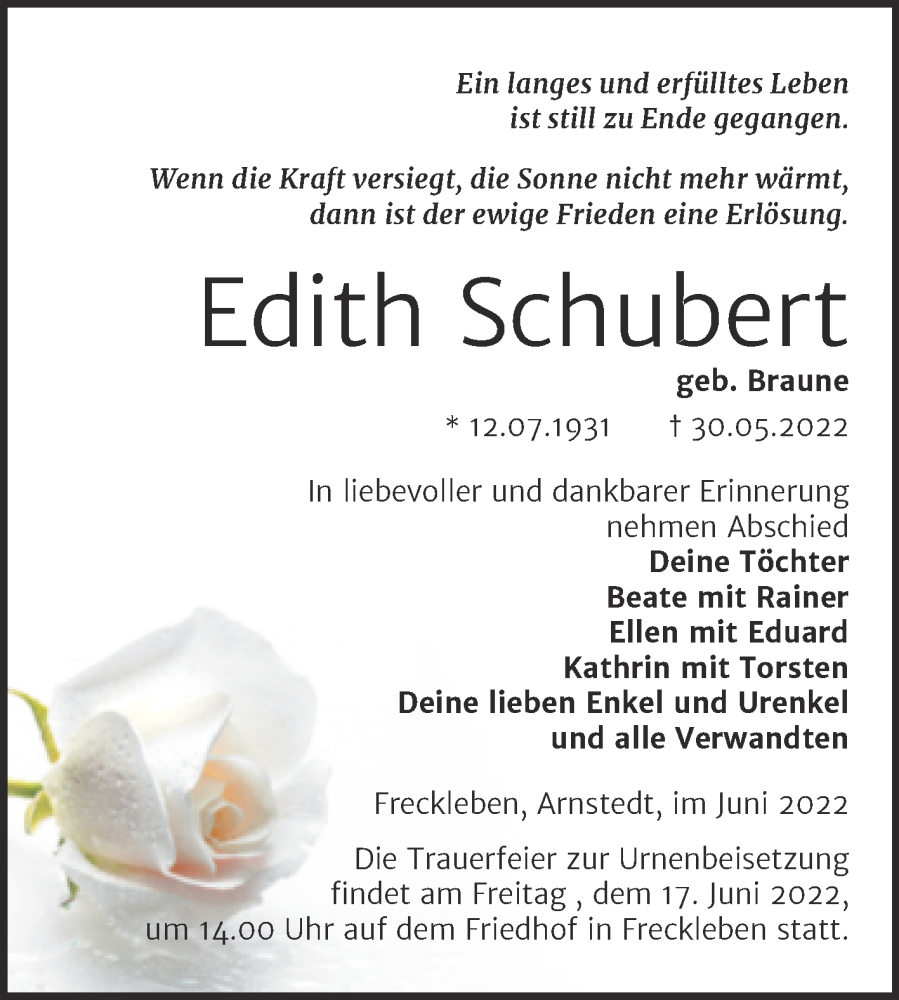 Traueranzeigen Von Edith Schubert Abschied Nehmen De