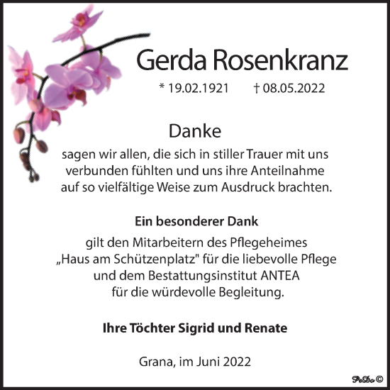 Traueranzeigen Von Gerda Rosenkranz Abschied Nehmen De