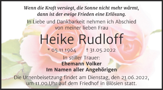 Traueranzeigen Von Heike Rudloff Abschied Nehmen De