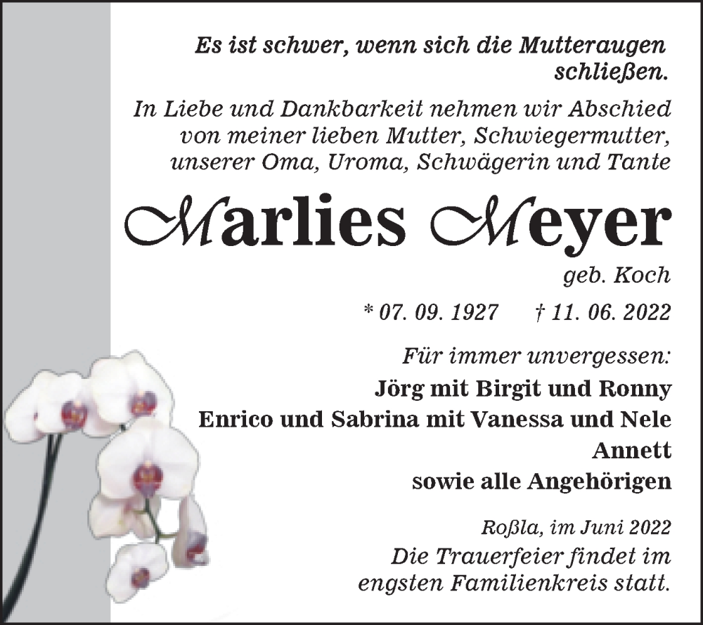 Traueranzeigen Von Marlies Meyer Abschied Nehmen De