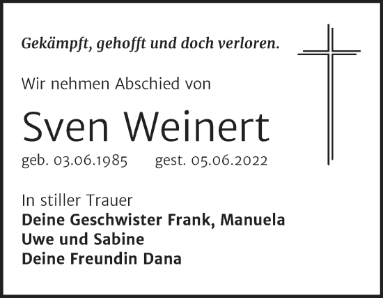 Traueranzeigen Von Sven Weinert Abschied Nehmen De