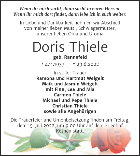 Traueranzeigen Von Doris Thiele Abschied Nehmen De