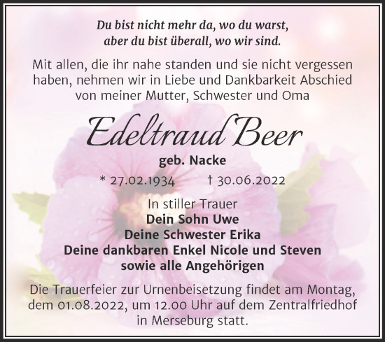 Traueranzeigen Von Edeltraud Beer Abschied Nehmen De