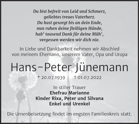 Traueranzeigen von Hans Peter Jünemann abschied nehmen de