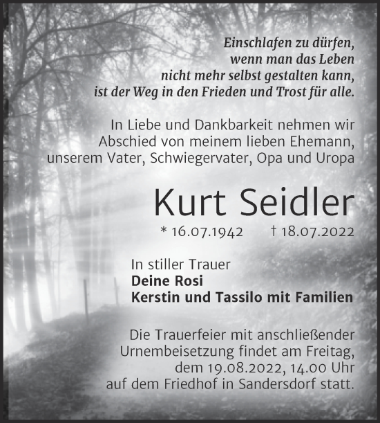 Traueranzeigen Von Kurt Seidler Abschied Nehmen De